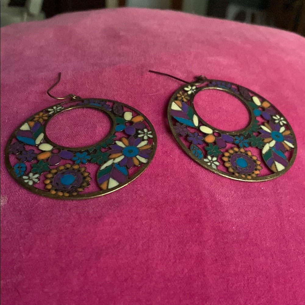 Colorful Enameled Metal Floral Hoop Earrings